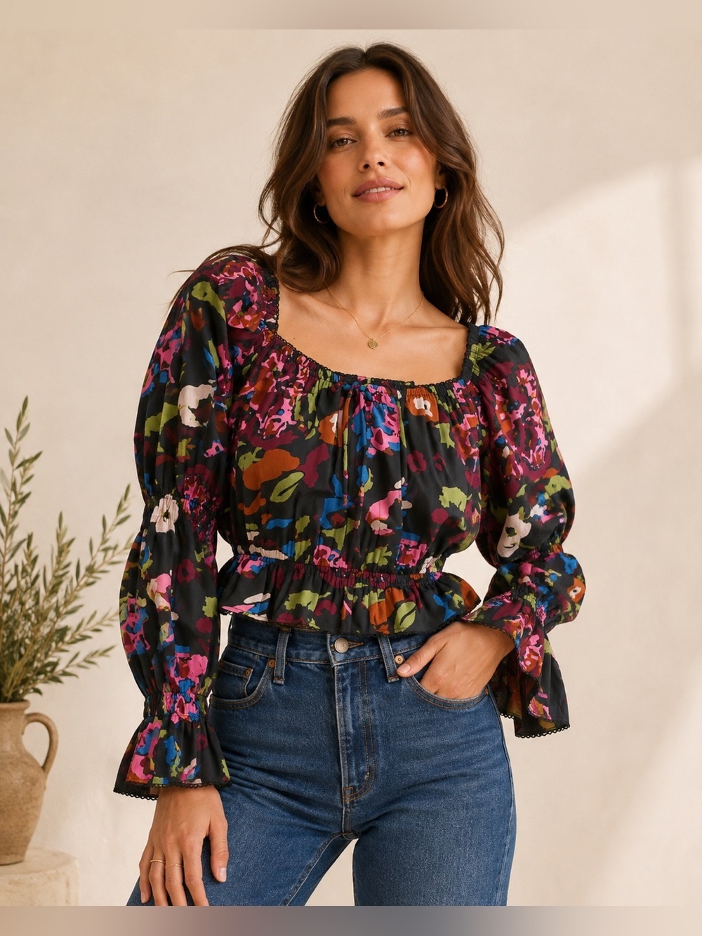 Cleobella Jasmine Blouse XL Garden Floral Organic Cotton Puff Sleeve Top NWT